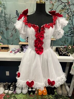 NWOT Sugar Thrillz White Tulle Dress with Red Bow Accents